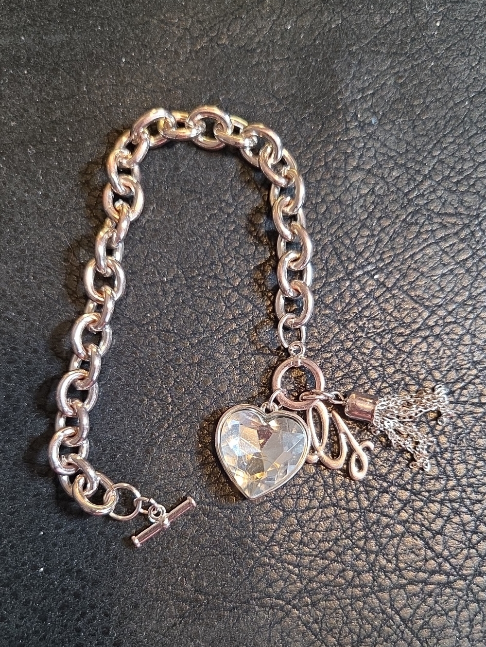 G By Guess Silver-Tone Heart Charm Chain Bracelet with Crystal Accent